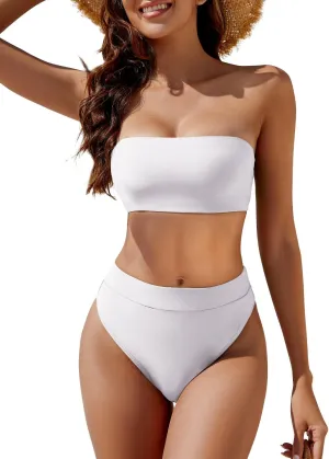YACUN Women's High Waisted Bikini Swimsuit Two Piece Strapless Bandeau Cheeky Bathing Suits