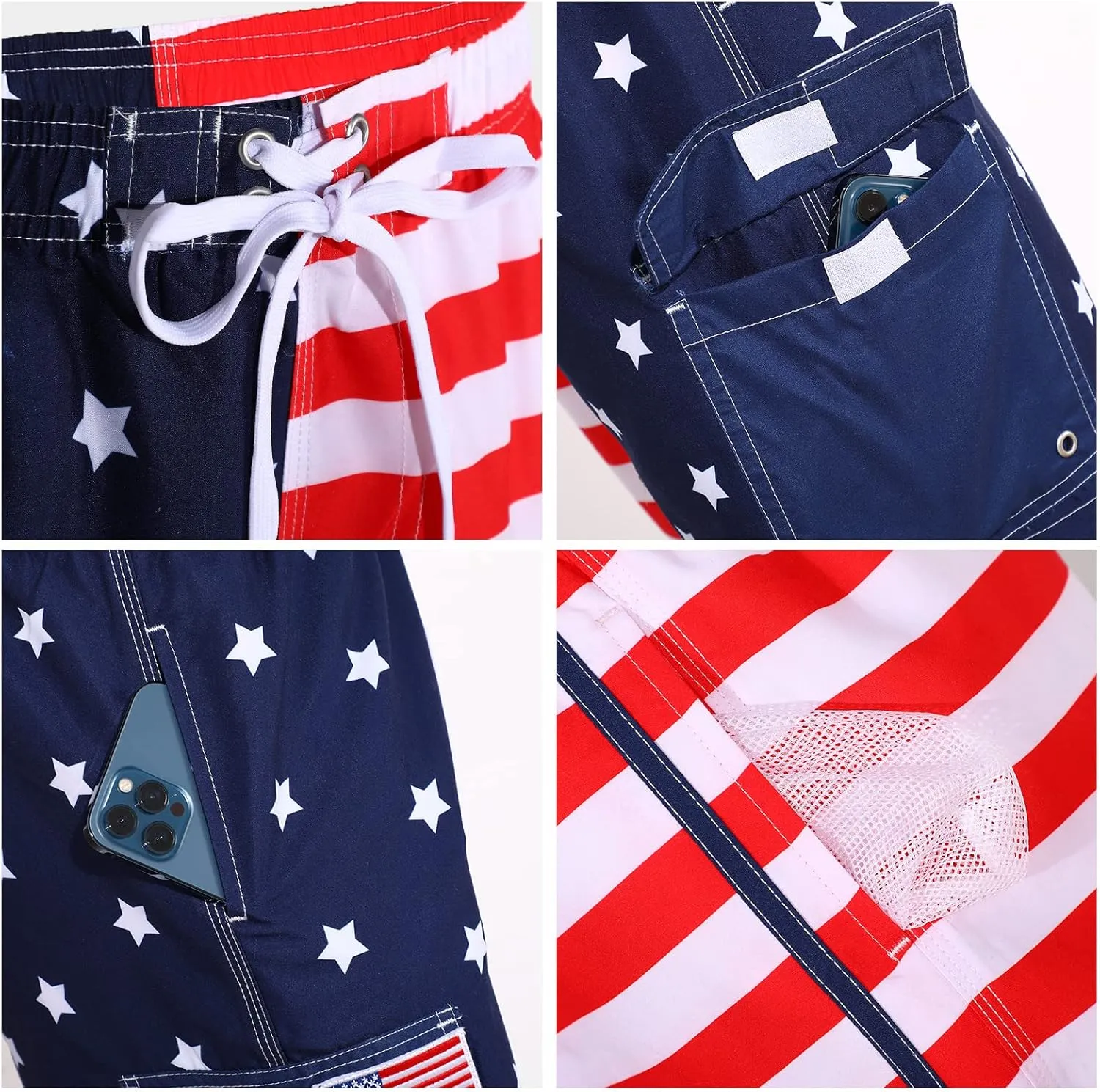 Yahenda 4th of July Shorts Mens USA American Flag Shorts Mens Swim Trunks with Headband Sunglasses Red Blue White Pants