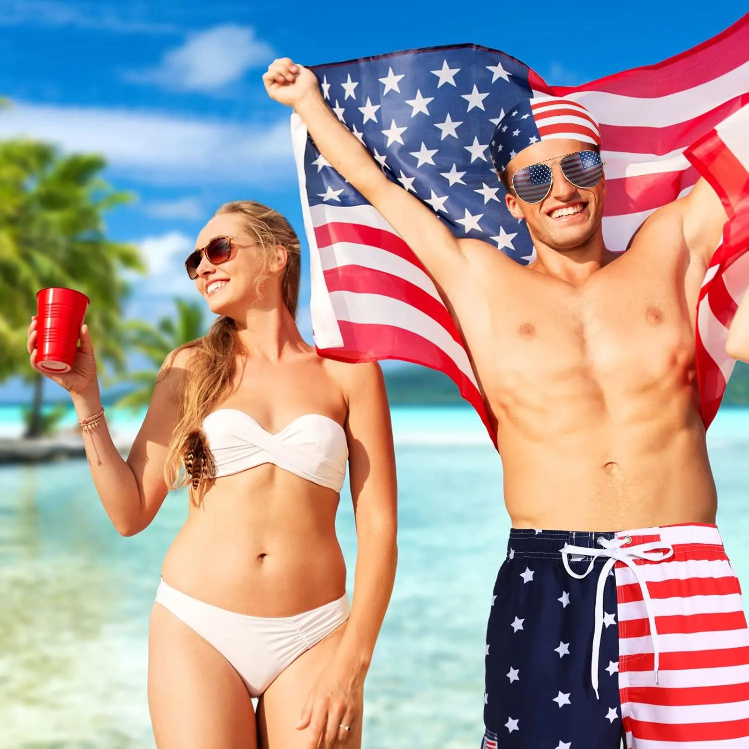 Yahenda 4th of July Shorts Mens USA American Flag Shorts Mens Swim Trunks with Headband Sunglasses Red Blue White Pants
