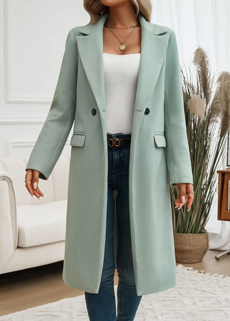 yoeasy Womens Long Double Breasted Wool Coats Notched Lapel Collar Pea Coat Winter Jackets Trench Coat Outwear