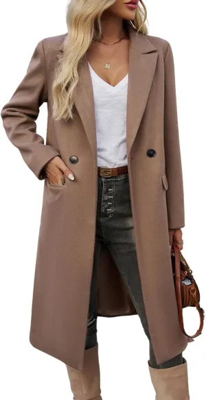 yoeasy Womens Long Double Breasted Wool Coats Notched Lapel Collar Pea Coat Winter Jackets Trench Coat Outwear