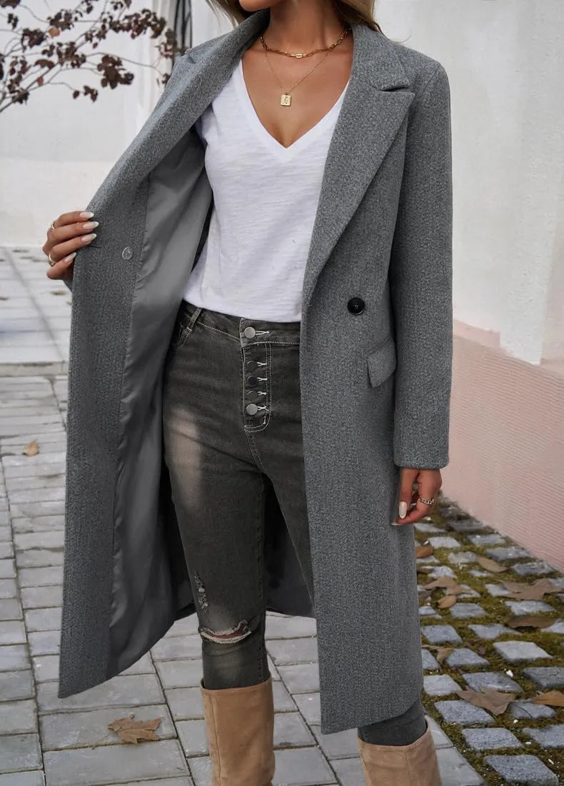 yoeasy Womens Long Double Breasted Wool Coats Notched Lapel Collar Pea Coat Winter Jackets Trench Coat Outwear
