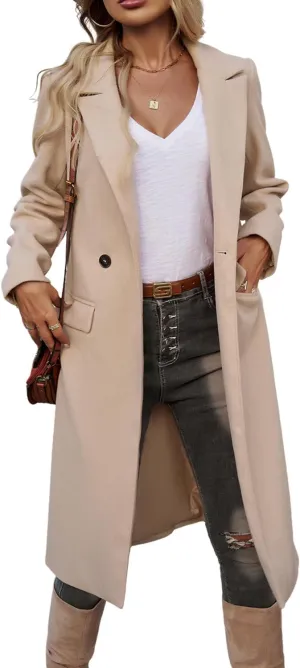 yoeasy Womens Long Double Breasted Wool Coats Notched Lapel Collar Pea Coat Winter Jackets Trench Coat Outwear