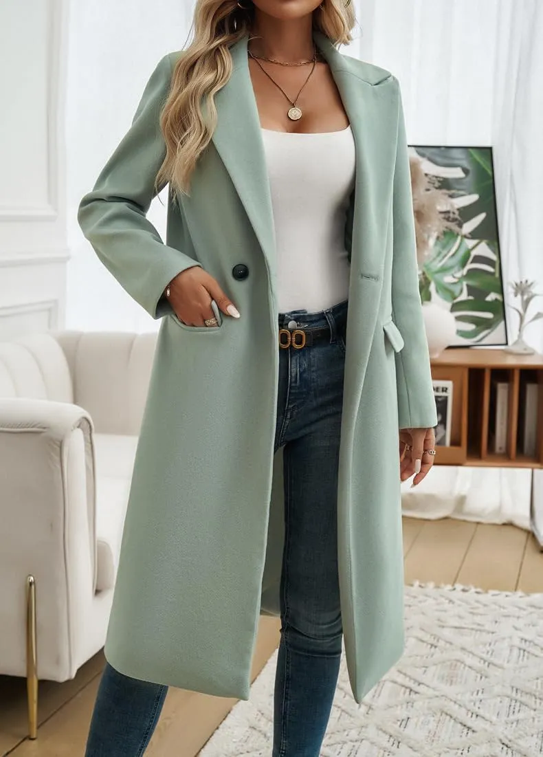 yoeasy Womens Long Double Breasted Wool Coats Notched Lapel Collar Pea Coat Winter Jackets Trench Coat Outwear
