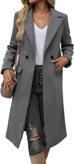 yoeasy Womens Long Double Breasted Wool Coats Notched Lapel Collar Pea Coat Winter Jackets Trench Coat Outwear