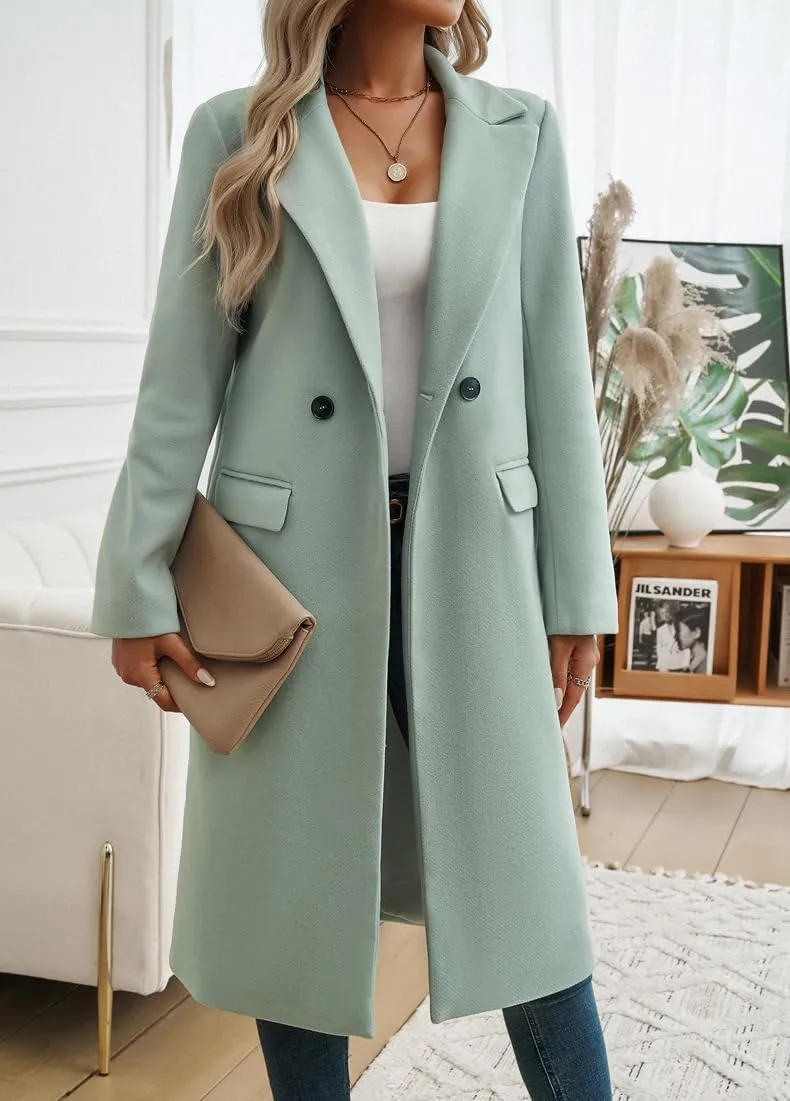 yoeasy Womens Long Double Breasted Wool Coats Notched Lapel Collar Pea Coat Winter Jackets Trench Coat Outwear