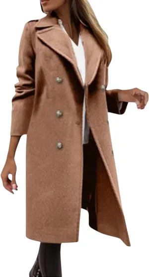 yoeasy Womens Winter Double Breasted Midi Long Wool Pea Coat Notch Lapel Casual Overcoat Trench Coat