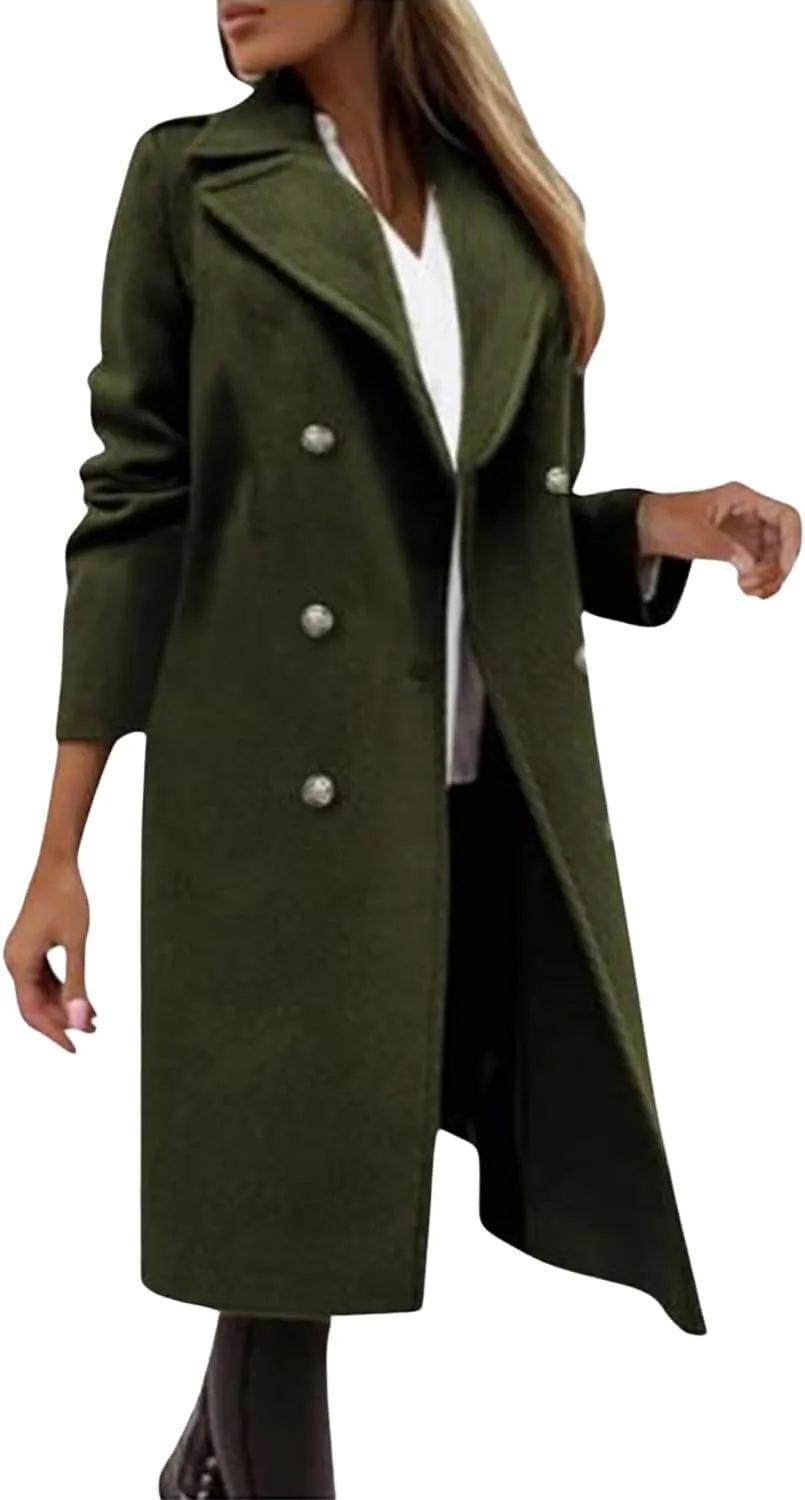 yoeasy Womens Winter Double Breasted Midi Long Wool Pea Coat Notch Lapel Casual Overcoat Trench Coat