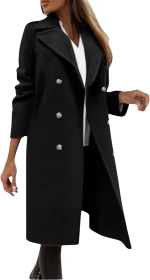 yoeasy Womens Winter Double Breasted Midi Long Wool Pea Coat Notch Lapel Casual Overcoat Trench Coat