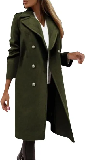 yoeasy Womens Winter Double Breasted Midi Long Wool Pea Coat Notch Lapel Casual Overcoat Trench Coat
