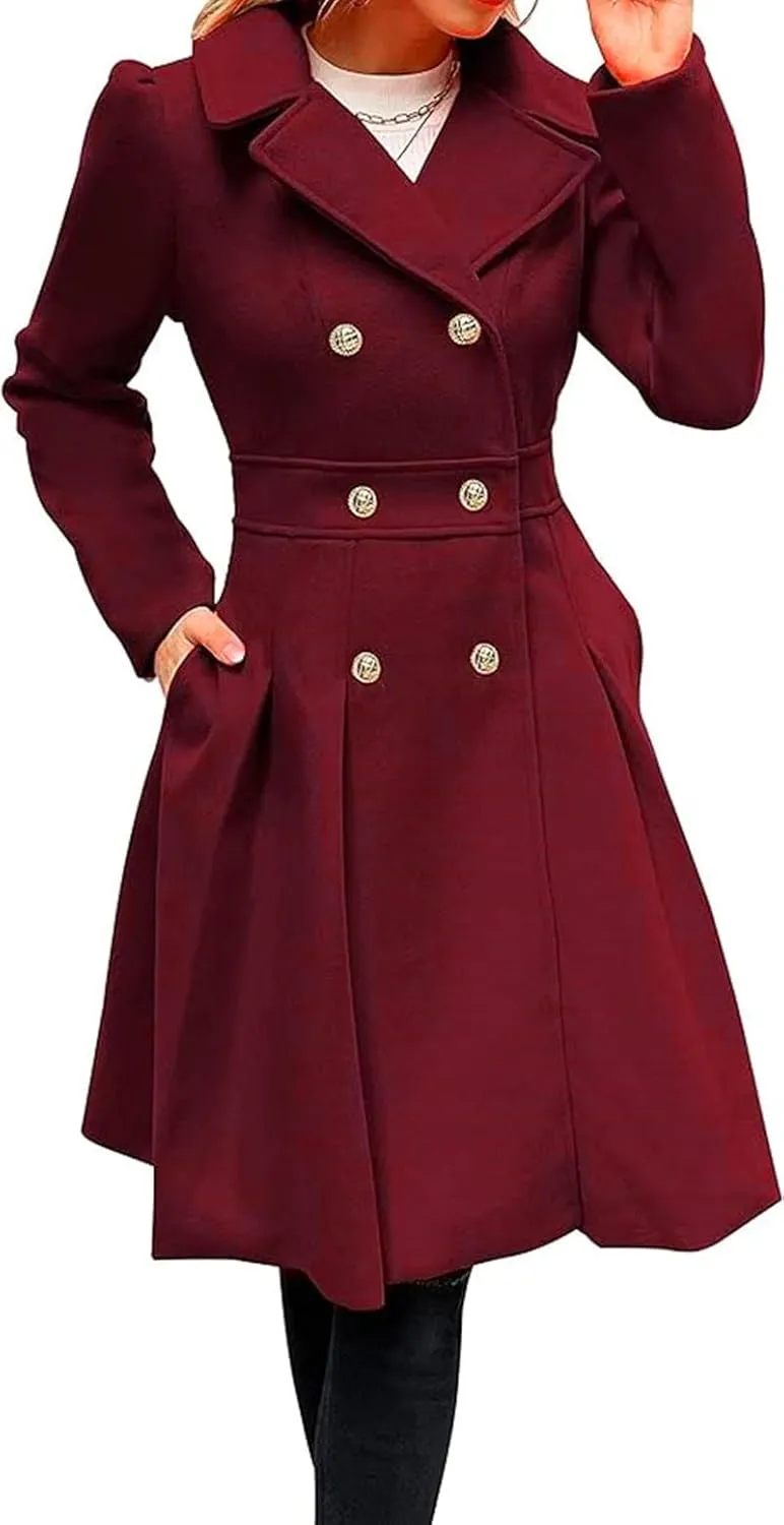 yoeasy Womens Wool Pea Coat Jacket Notch Lapel Double Breasted Thick A Line Trench Coat with Pockets