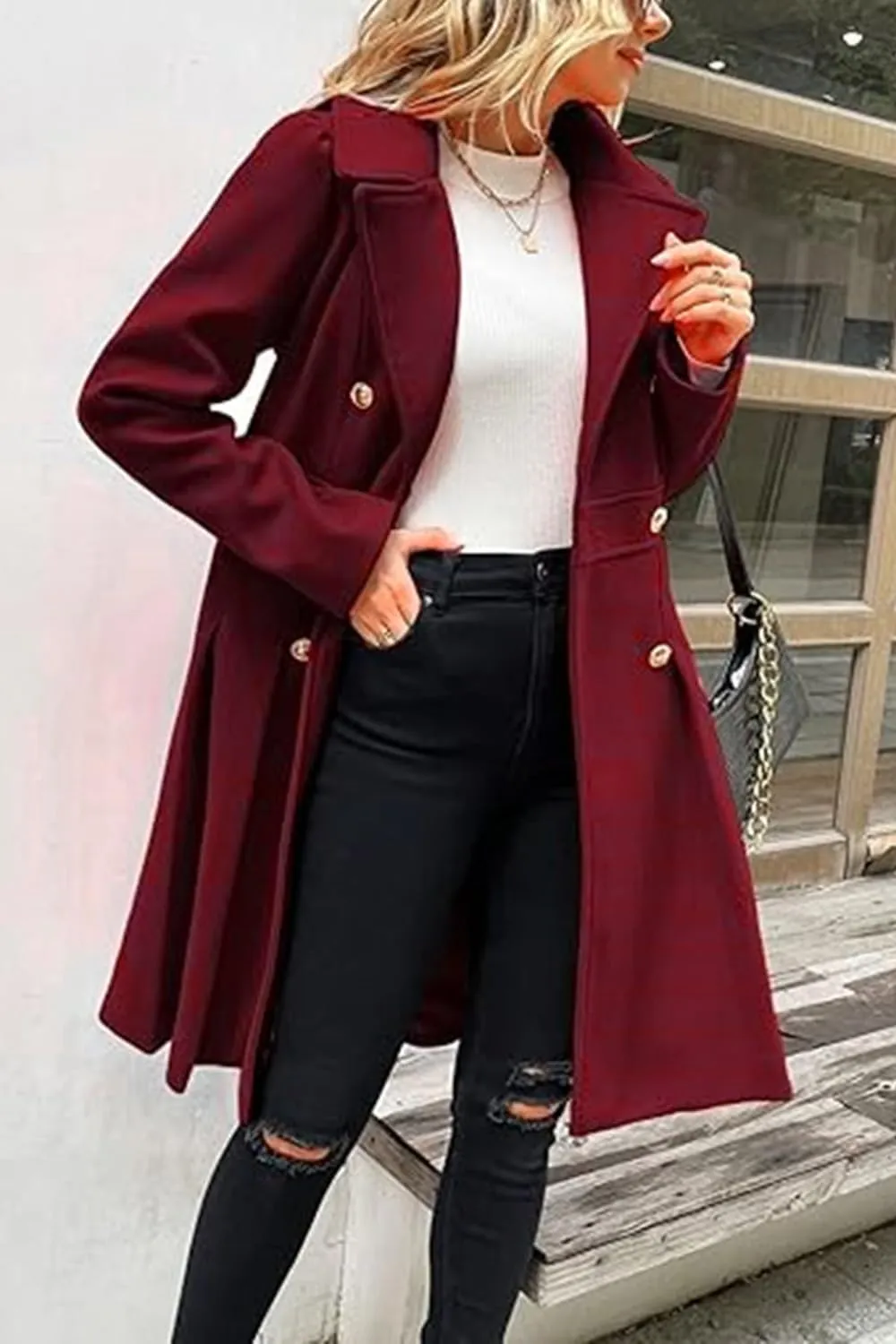 yoeasy Womens Wool Pea Coat Jacket Notch Lapel Double Breasted Thick A Line Trench Coat with Pockets
