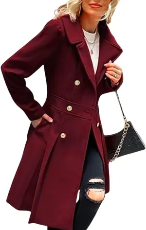 yoeasy Womens Wool Pea Coat Jacket Notch Lapel Double Breasted Thick A Line Trench Coat with Pockets