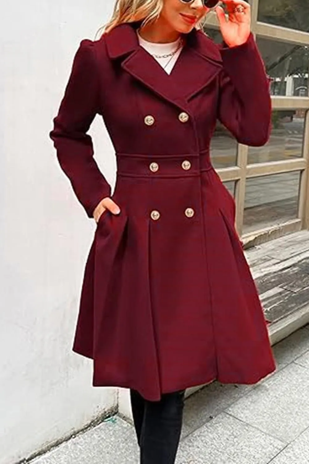 yoeasy Womens Wool Pea Coat Jacket Notch Lapel Double Breasted Thick A Line Trench Coat with Pockets