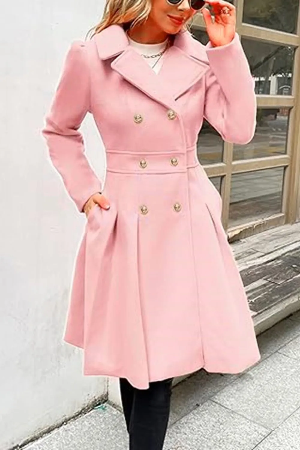 yoeasy Womens Wool Pea Coat Jacket Notch Lapel Double Breasted Thick A Line Trench Coat with Pockets