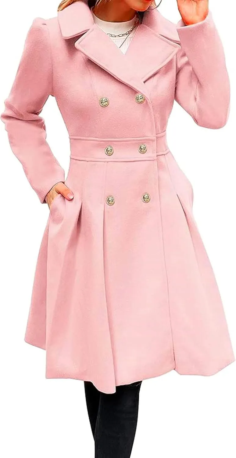 yoeasy Womens Wool Pea Coat Jacket Notch Lapel Double Breasted Thick A Line Trench Coat with Pockets