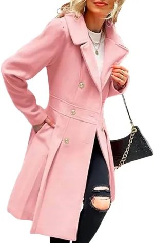 yoeasy Womens Wool Pea Coat Jacket Notch Lapel Double Breasted Thick A Line Trench Coat with Pockets