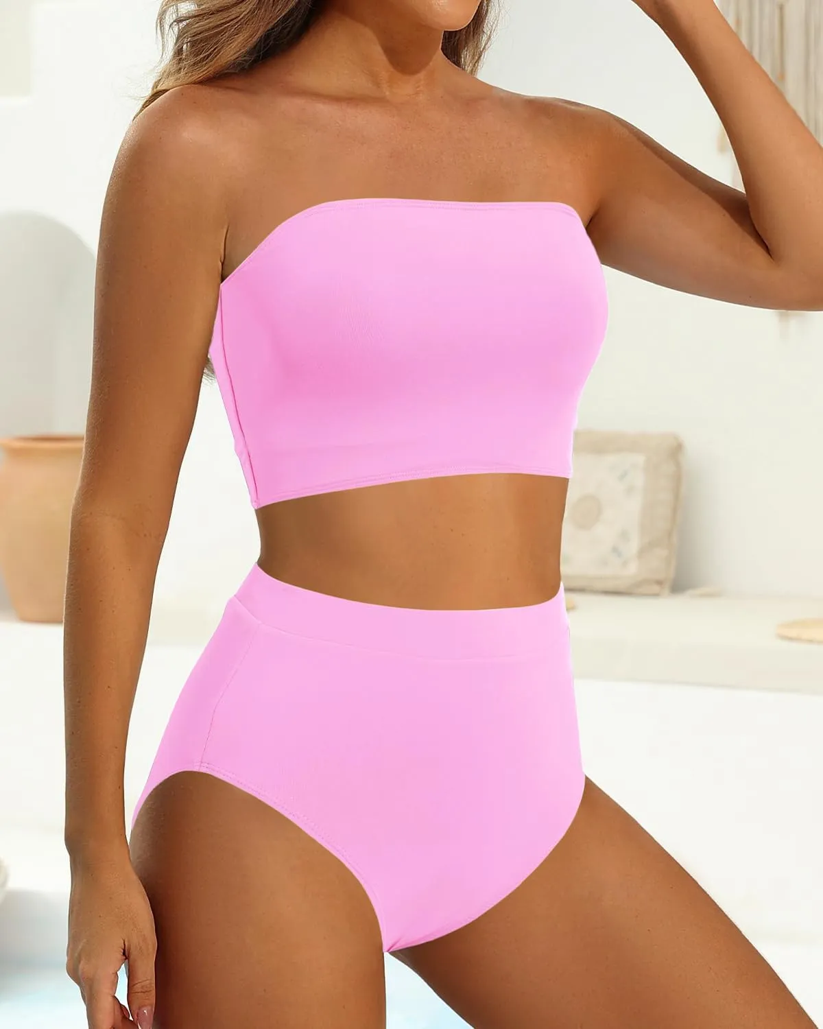 Yonique Bandeau Bikini Strapless Swimsuit - Two Piece High Waisted Bathing Suits