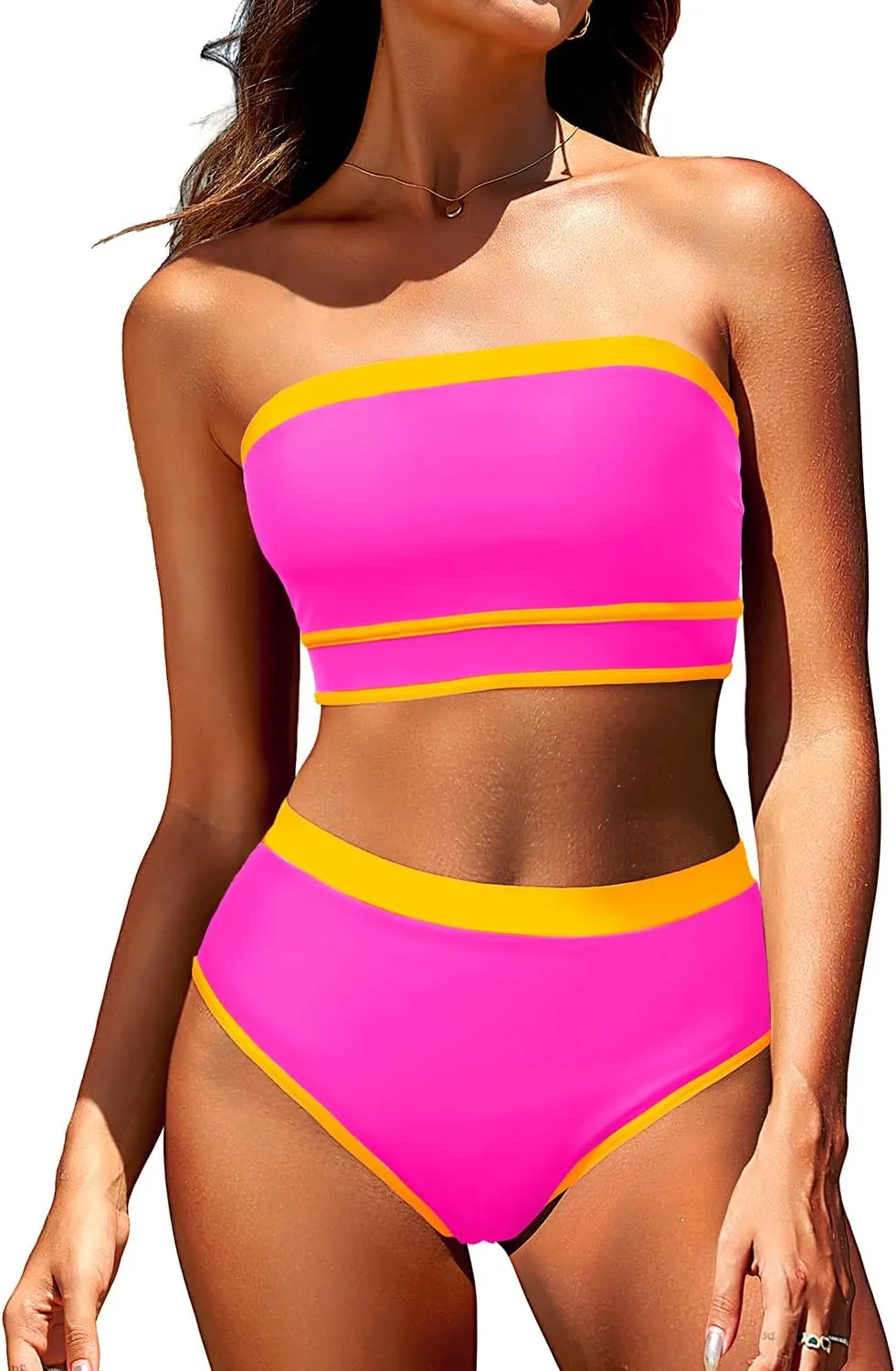 Yonique Bandeau Bikini Strapless Swimsuit - Two Piece High Waisted Bathing Suits