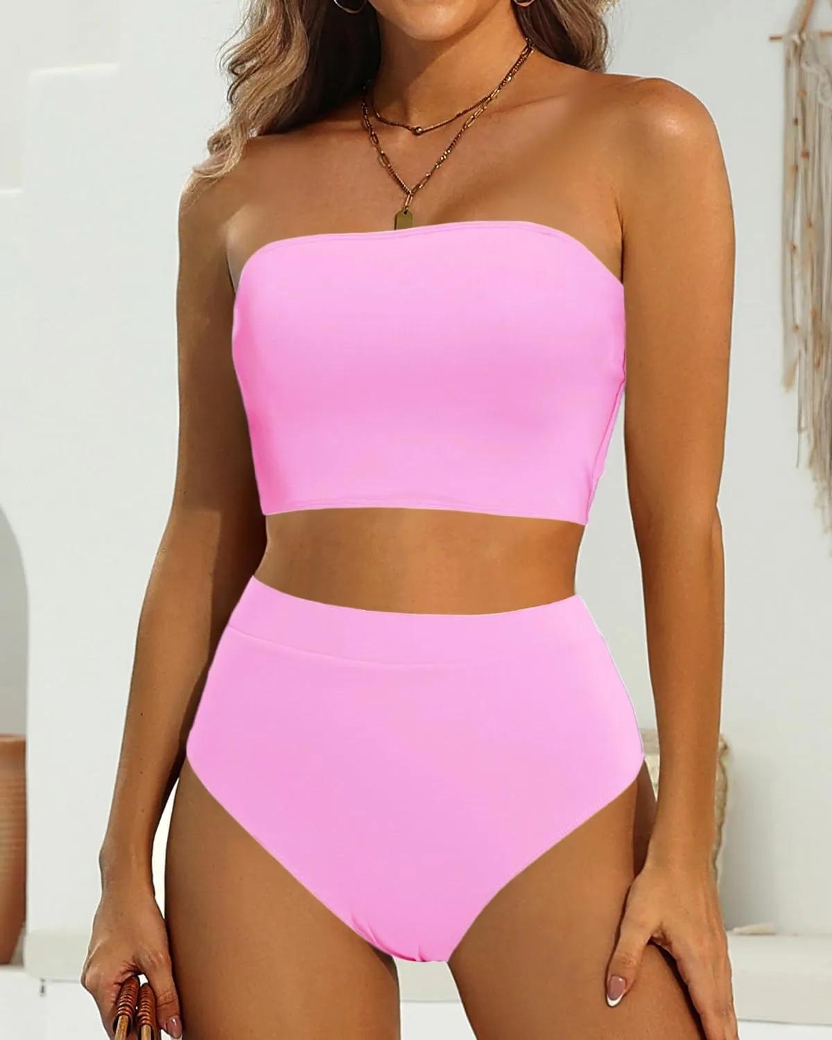 Yonique Bandeau Bikini Strapless Swimsuit - Two Piece High Waisted Bathing Suits