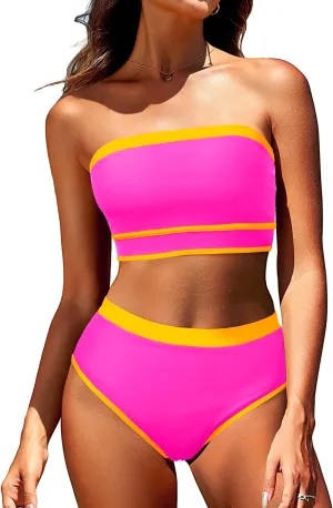 Yonique Bandeau Bikini Strapless Swimsuit - Two Piece High Waisted Bathing Suits