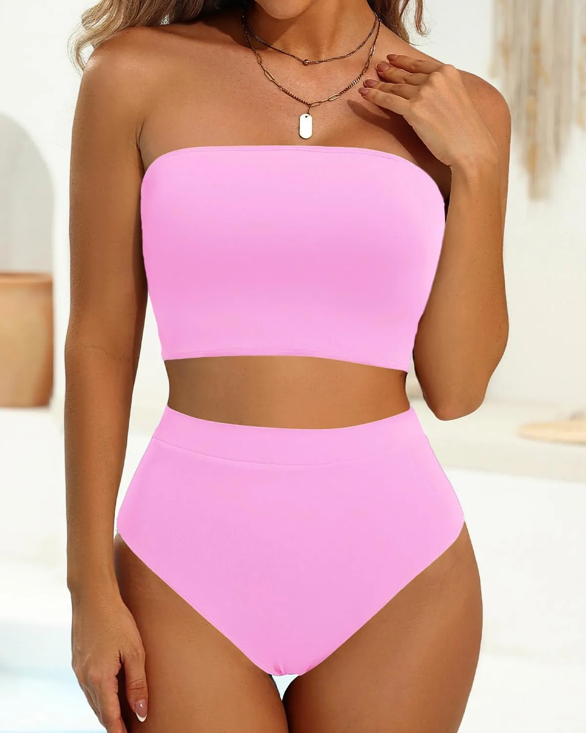 Yonique Bandeau Bikini Strapless Swimsuit - Two Piece High Waisted Bathing Suits