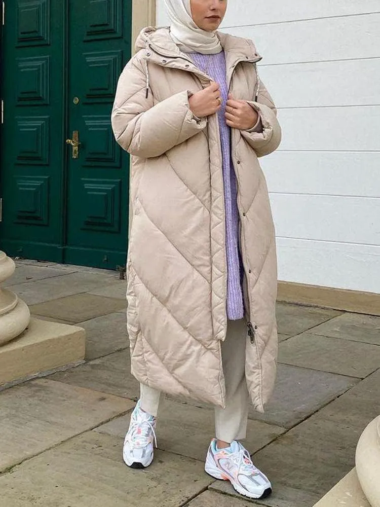 Yousify Women's Hooded Long Puffer Coat Winter Longer Thickened Down Jacket Zip Cotton Outwear