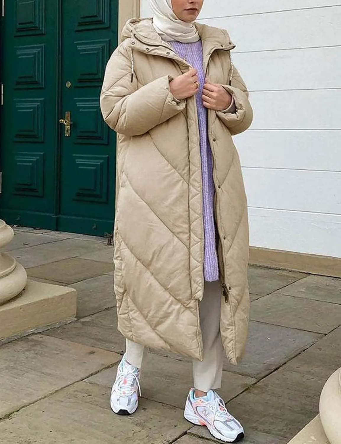 Yousify Women's Hooded Long Puffer Coat Winter Longer Thickened Down Jacket Zip Cotton Outwear