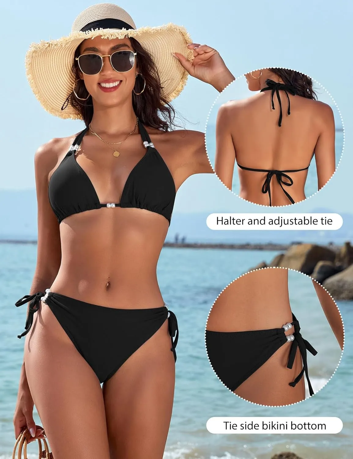 Yusongirl Womens Two Piece Bikini Set Sexy Tie Side Halter Triangle Tops String Bathing Suit Solid Color Bikini Swimsuit