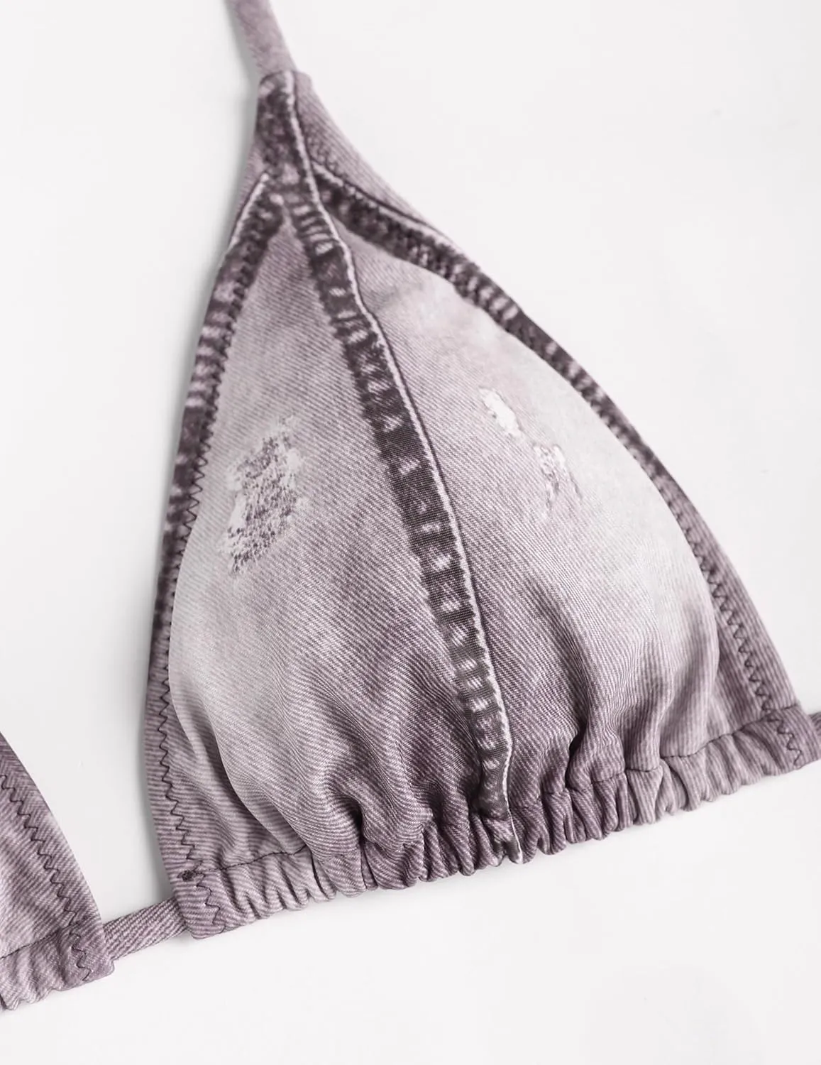 ZAFUL Bikini Sets for Women Denim Print Halter Neck Two Piece Swimsuits Sexy Open Back Triangle High Cut Thong Bathing Suit