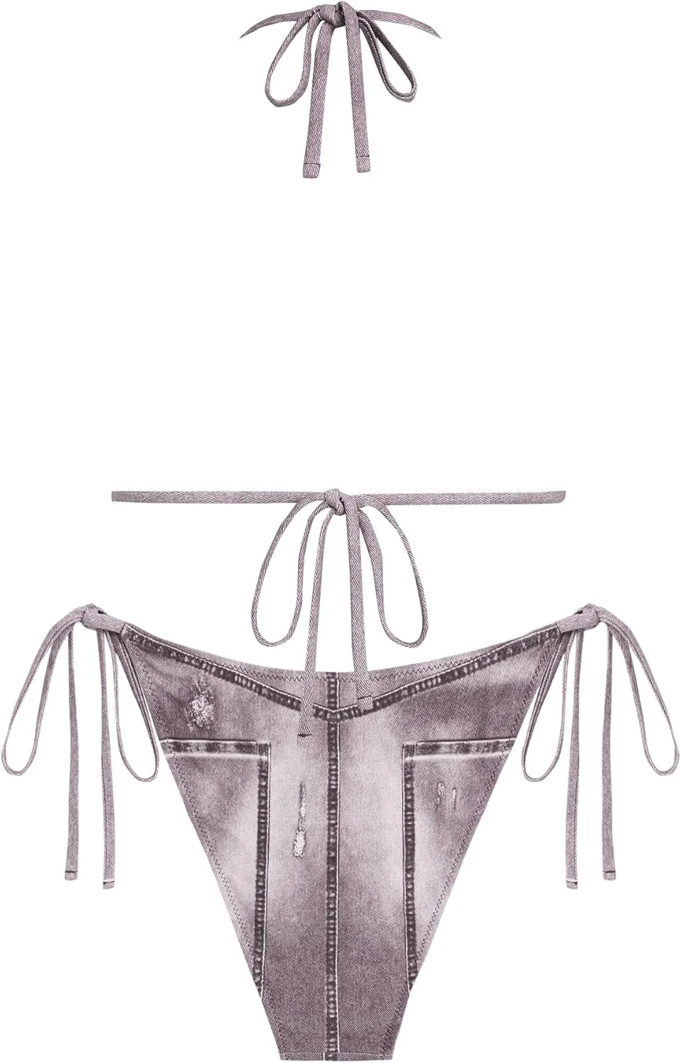 ZAFUL Bikini Sets for Women Denim Print Halter Neck Two Piece Swimsuits Sexy Open Back Triangle High Cut Thong Bathing Suit