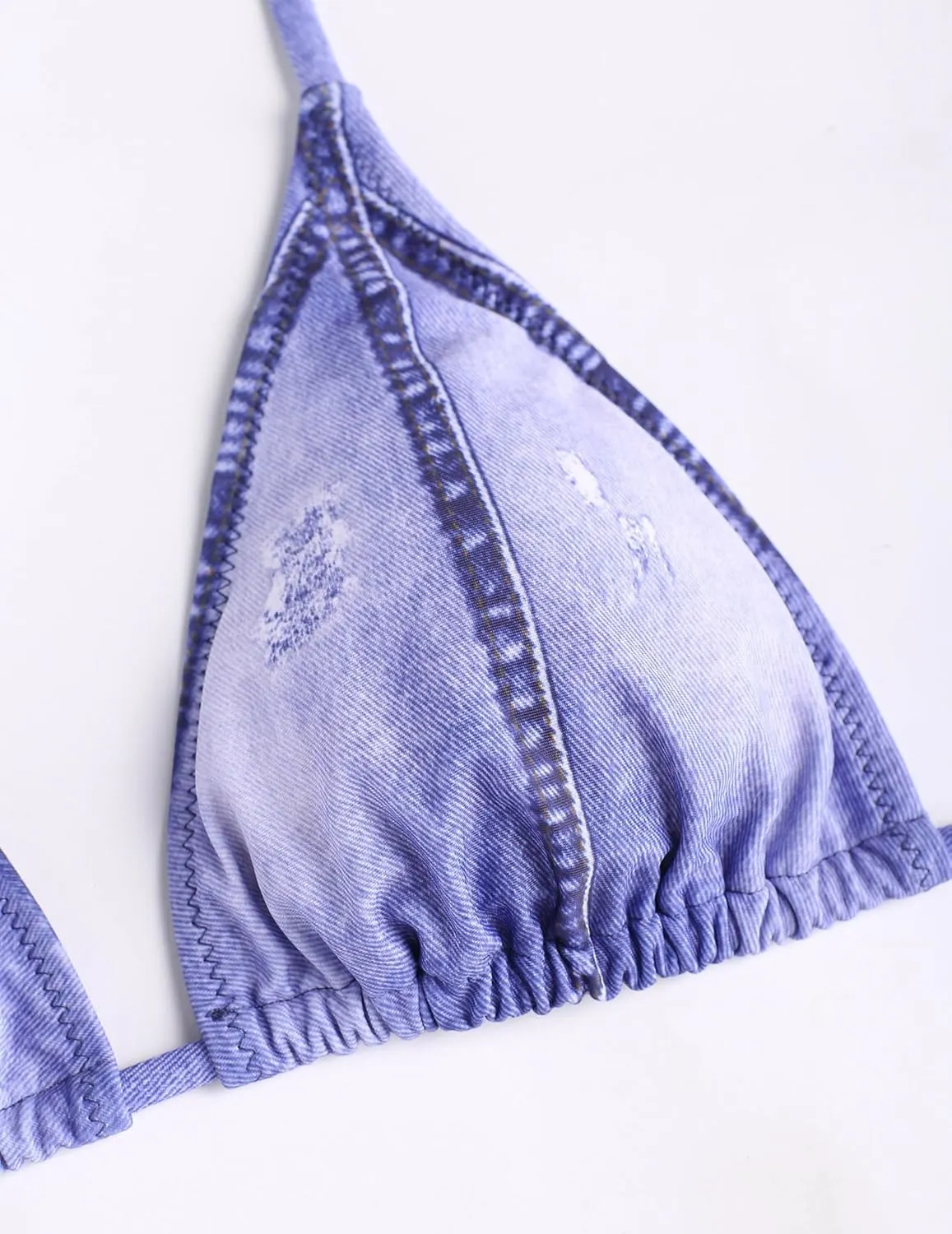 ZAFUL Bikini Sets for Women Denim Print Halter Neck Two Piece Swimsuits Sexy Open Back Triangle High Cut Thong Bathing Suit