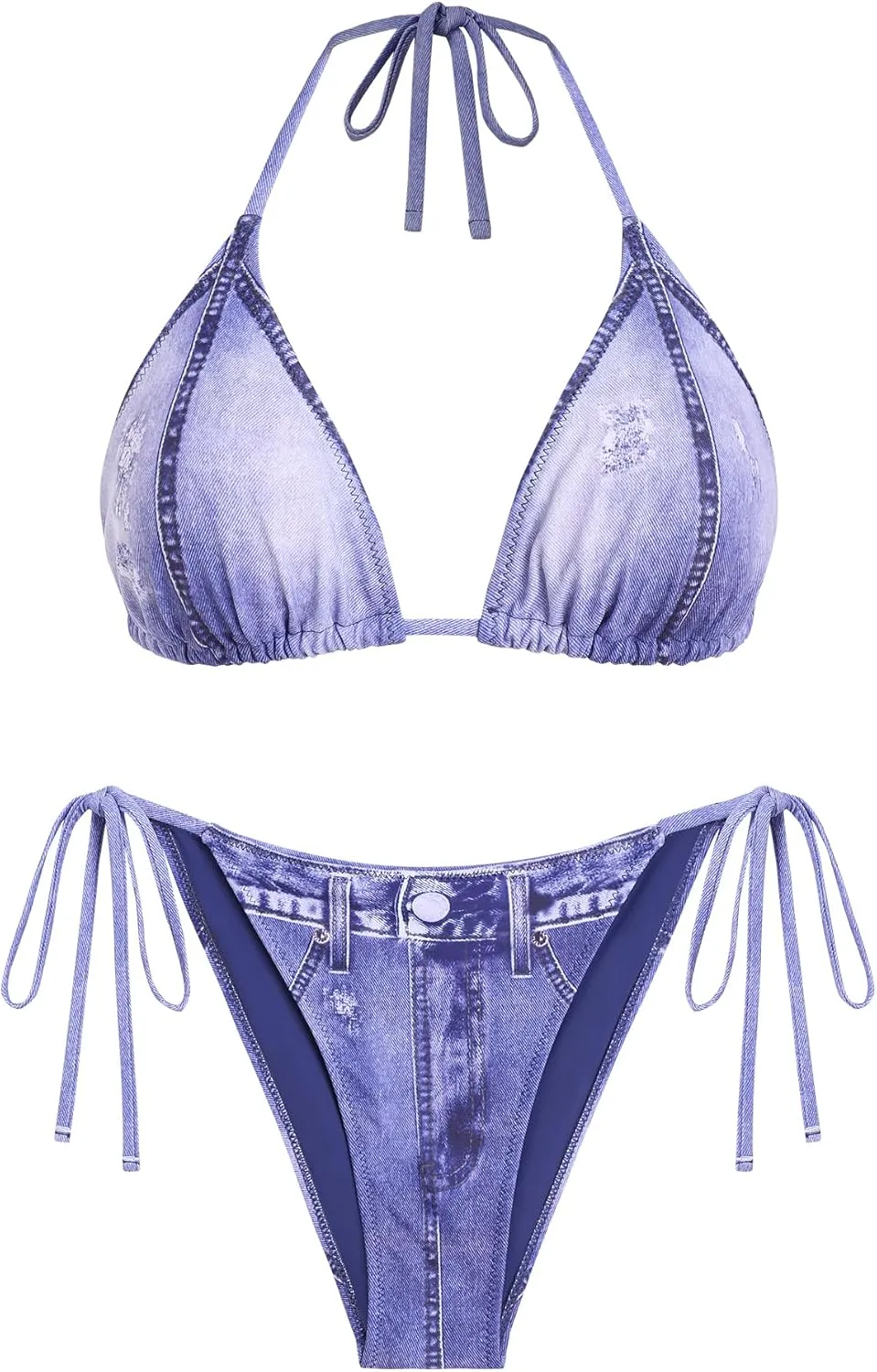 ZAFUL Bikini Sets for Women Denim Print Halter Neck Two Piece Swimsuits Sexy Open Back Triangle High Cut Thong Bathing Suit