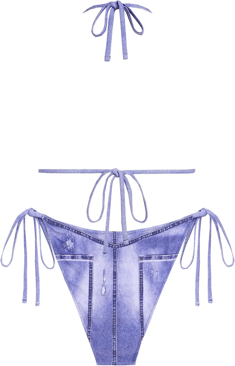 ZAFUL Bikini Sets for Women Denim Print Halter Neck Two Piece Swimsuits Sexy Open Back Triangle High Cut Thong Bathing Suit