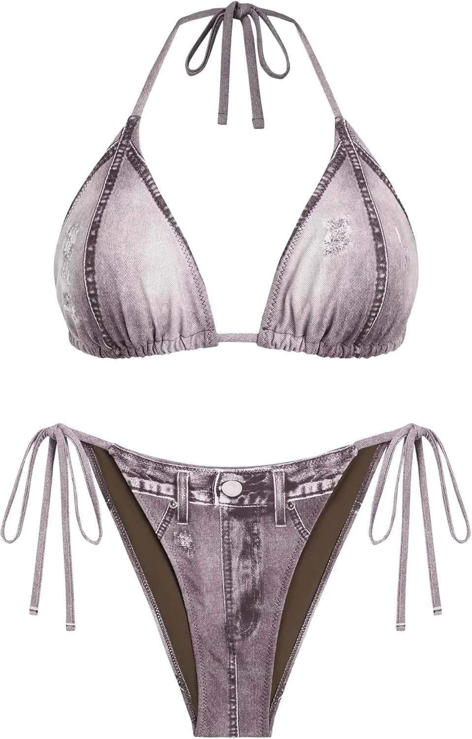 ZAFUL Bikini Sets for Women Denim Print Halter Neck Two Piece Swimsuits Sexy Open Back Triangle High Cut Thong Bathing Suit