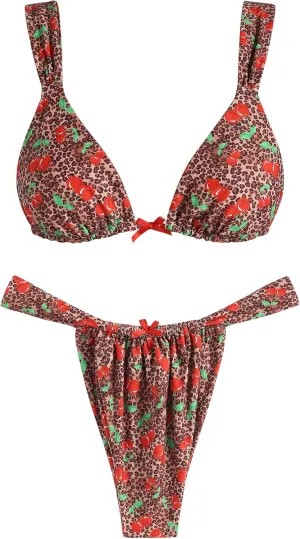 ZAFUL Bikini Sets for Women Triangle Bow Decor Ruffle Straps Lace up Swimsuit 2 Pieces High Cut Bathing Suits