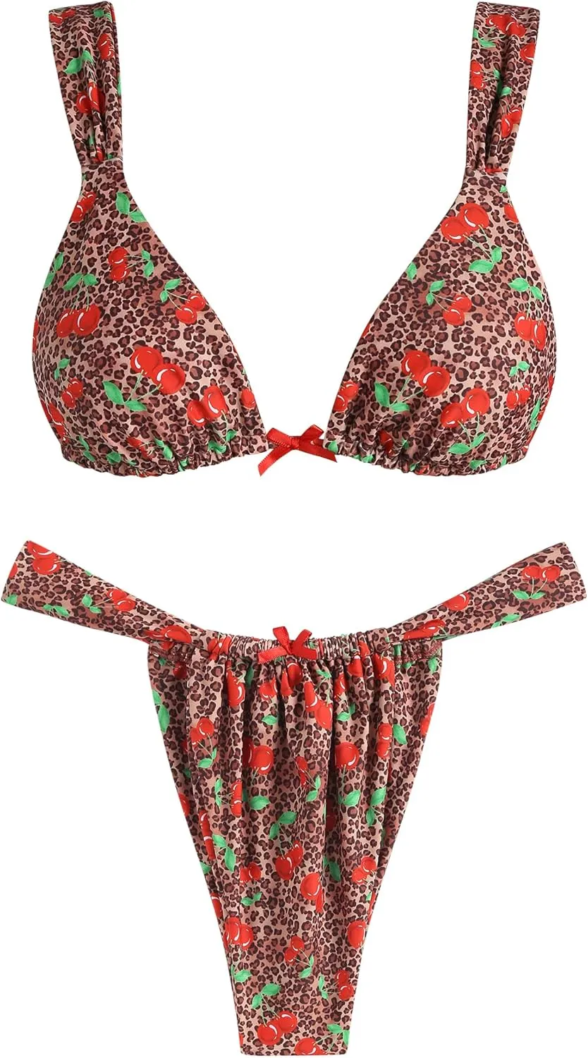 ZAFUL Bikini Sets for Women Triangle Bow Decor Ruffle Straps Lace up Swimsuit 2 Pieces High Cut Bathing Suits