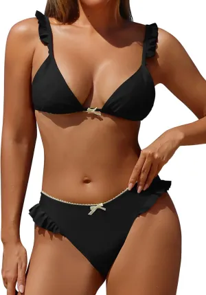 ZAFUL Bikini Sets for Women Triangle Bow Decor Ruffle Straps Lace up Swimsuit 2 Pieces High Cut Bathing Suits