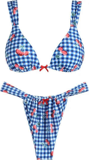 ZAFUL Bikini Sets for Women Triangle Bow Decor Ruffle Straps Lace up Swimsuit 2 Pieces High Cut Bathing Suits