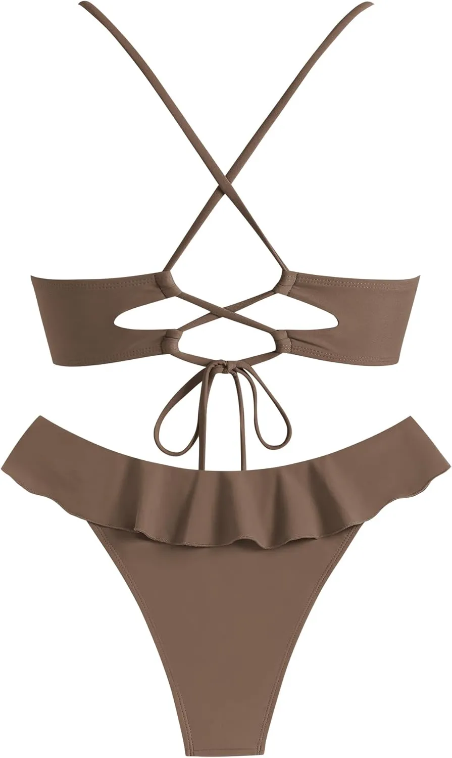 ZAFUL Ruffle Bikinis for Women Scoop Neck Swimsuits Lace Up Bikini Sets Padded Swimwear High Cut 2 Piece Bathing Suits