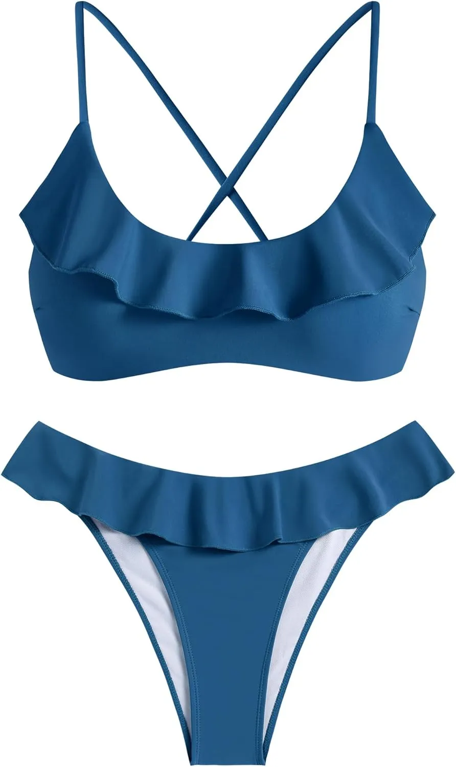 ZAFUL Ruffle Bikinis for Women Scoop Neck Swimsuits Lace Up Bikini Sets Padded Swimwear High Cut 2 Piece Bathing Suits