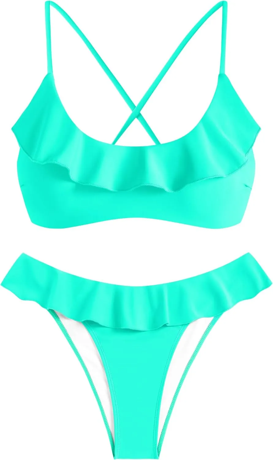 ZAFUL Ruffle Bikinis for Women Scoop Neck Swimsuits Lace Up Bikini Sets Padded Swimwear High Cut 2 Piece Bathing Suits