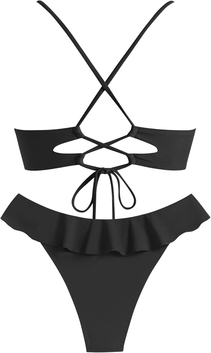 ZAFUL Ruffle Bikinis for Women Scoop Neck Swimsuits Lace Up Bikini Sets Padded Swimwear High Cut 2 Piece Bathing Suits