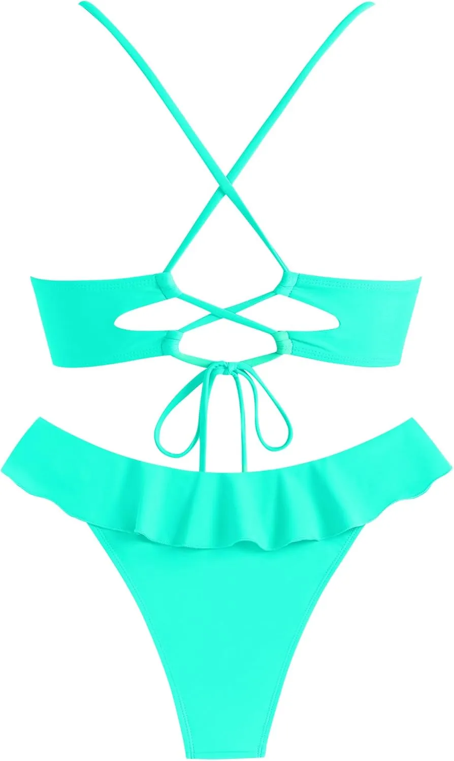 ZAFUL Ruffle Bikinis for Women Scoop Neck Swimsuits Lace Up Bikini Sets Padded Swimwear High Cut 2 Piece Bathing Suits