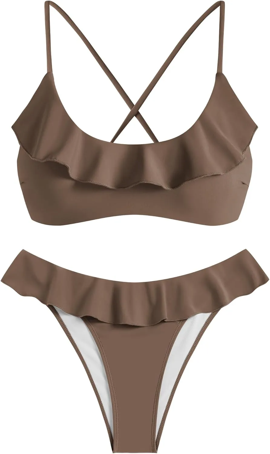 ZAFUL Ruffle Bikinis for Women Scoop Neck Swimsuits Lace Up Bikini Sets Padded Swimwear High Cut 2 Piece Bathing Suits