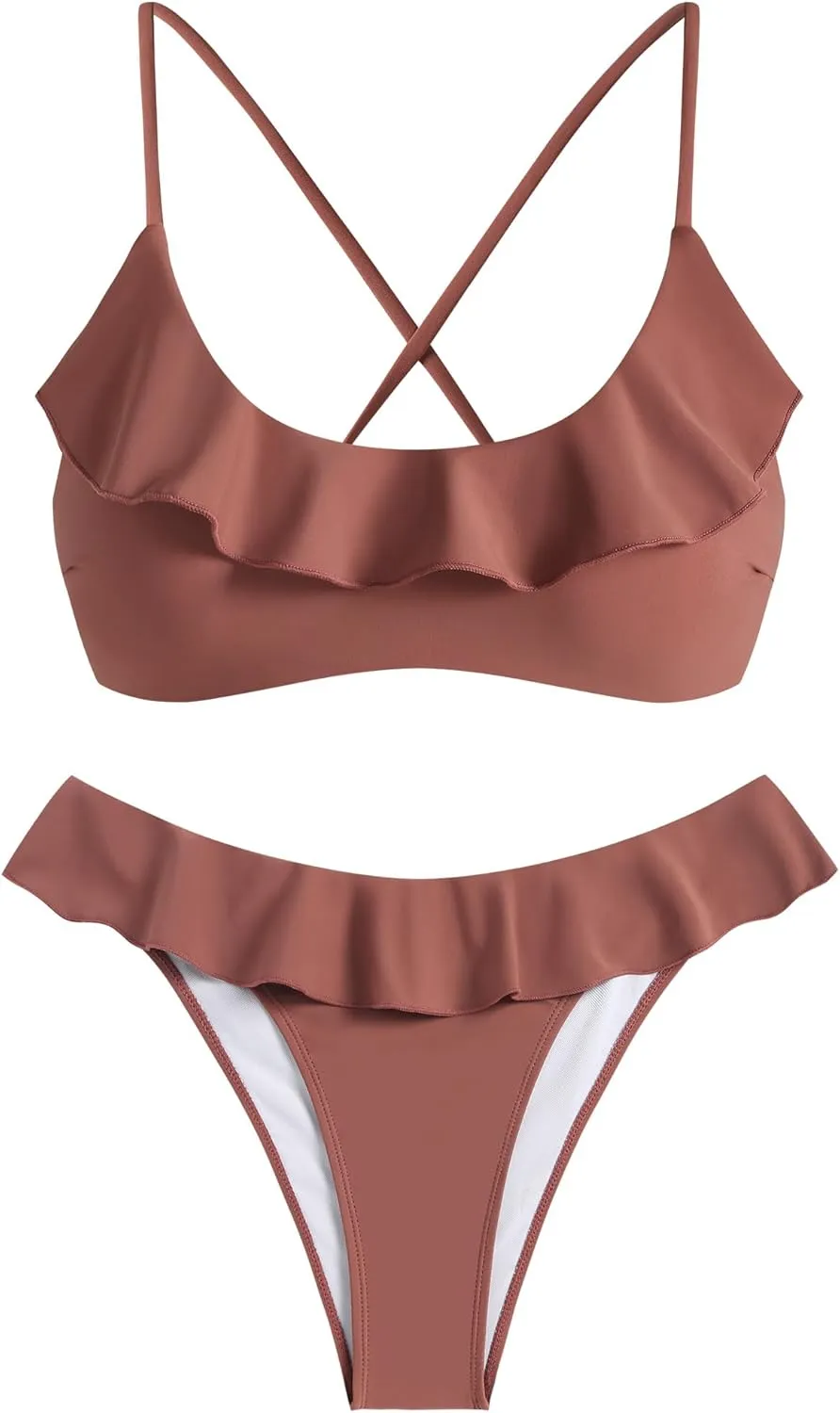 ZAFUL Ruffle Bikinis for Women Scoop Neck Swimsuits Lace Up Bikini Sets Padded Swimwear High Cut 2 Piece Bathing Suits