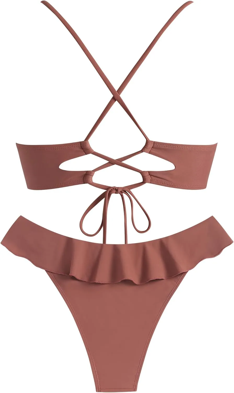 ZAFUL Ruffle Bikinis for Women Scoop Neck Swimsuits Lace Up Bikini Sets Padded Swimwear High Cut 2 Piece Bathing Suits