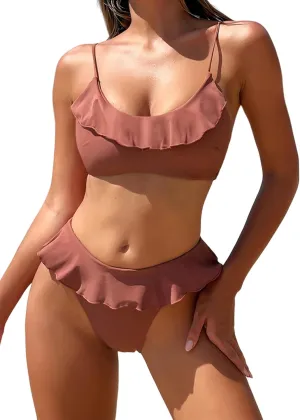 ZAFUL Ruffle Bikinis for Women Scoop Neck Swimsuits Lace Up Bikini Sets Padded Swimwear High Cut 2 Piece Bathing Suits