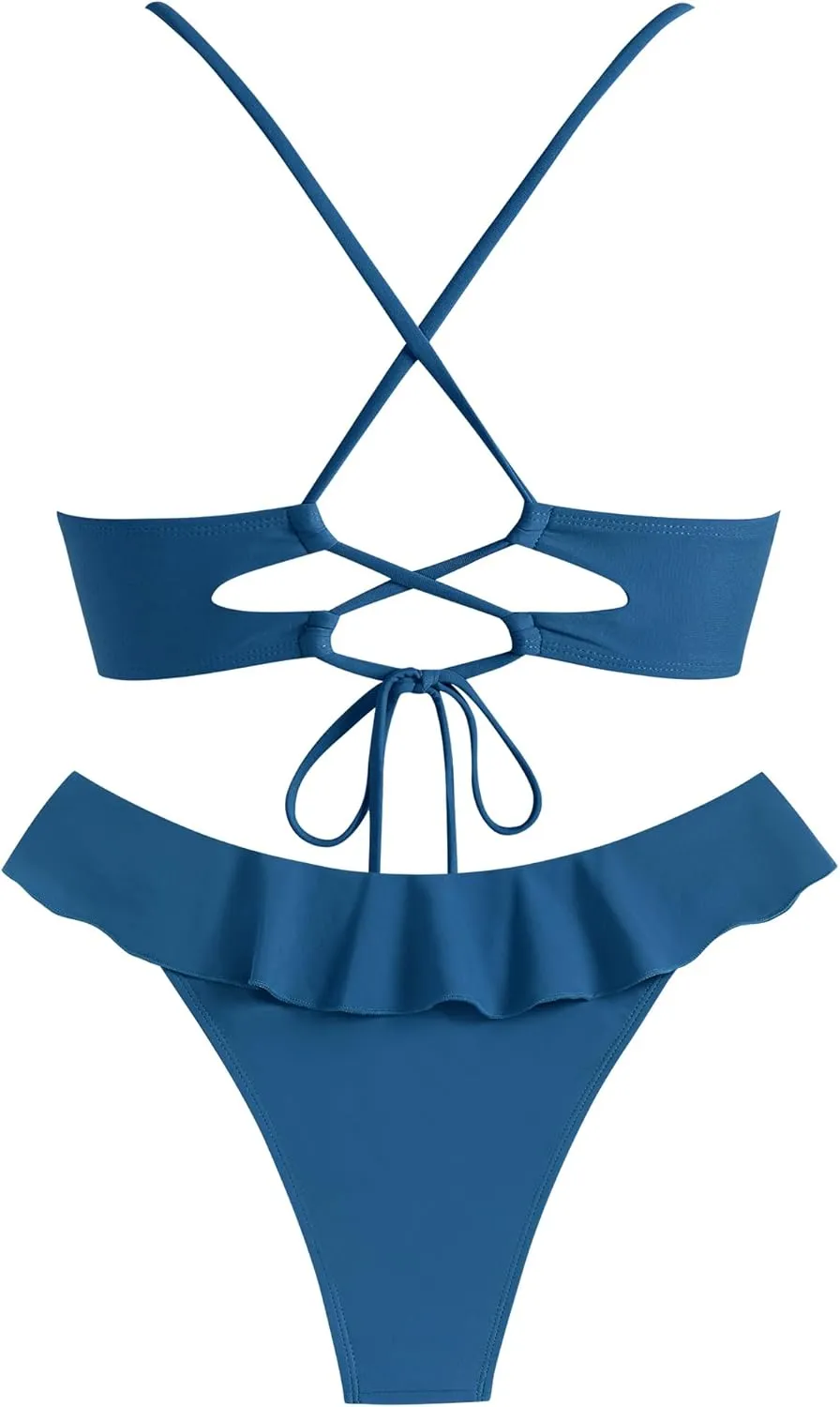 ZAFUL Ruffle Bikinis for Women Scoop Neck Swimsuits Lace Up Bikini Sets Padded Swimwear High Cut 2 Piece Bathing Suits