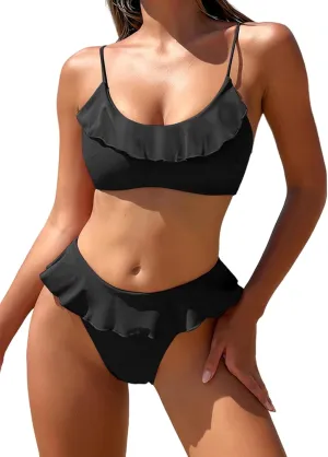 ZAFUL Ruffle Bikinis for Women Scoop Neck Swimsuits Lace Up Bikini Sets Padded Swimwear High Cut 2 Piece Bathing Suits